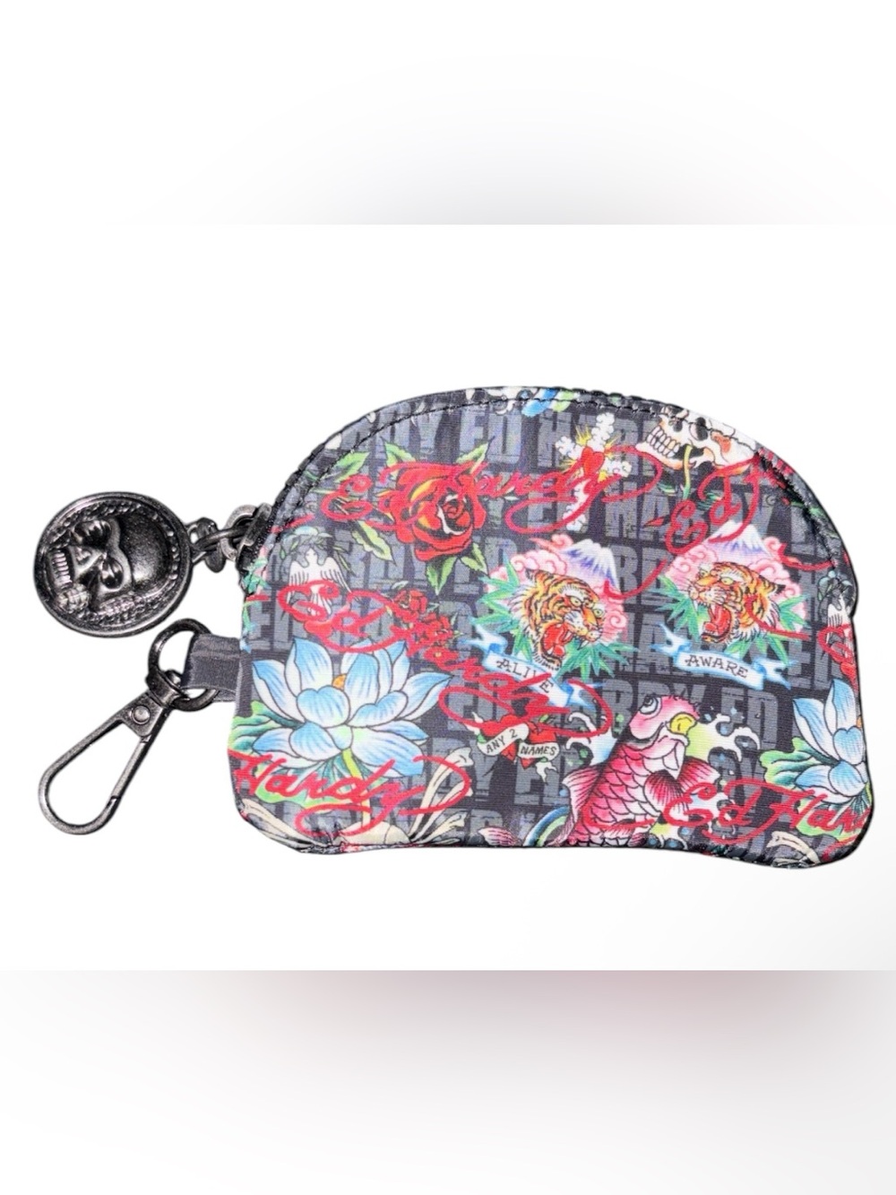 Ed Hardy Black Floral Tattoo Print Mini Coin Purse NWOT